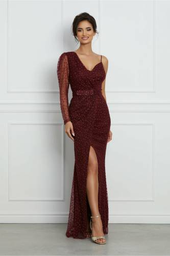 Rochie Alexa bordo lunga cu detalii din glitter