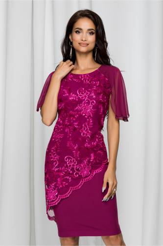 Rochie Konstantina magenta cu broderie si maneci scurte din voal