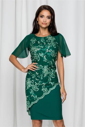 Rochie Konstantina verde cu broderie si maneci scurte din voal