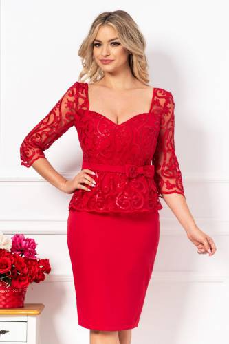 Rochie MBG conica de ocazie eleganta rosie cu broderie si paiete