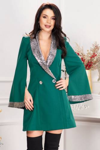 Rochie tip sacou Stefany verde cu guler si mansete din paiete argintii