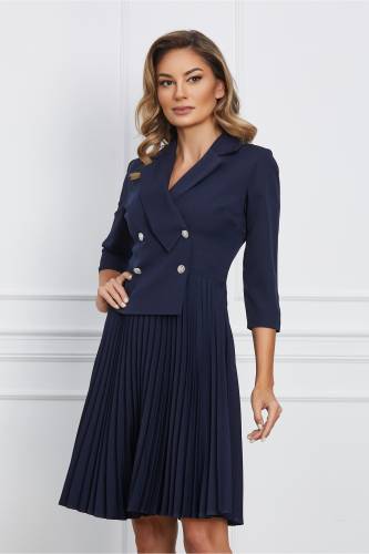 Rochie Jasmine bleumarin tip sacou cu pliuri pe fusta