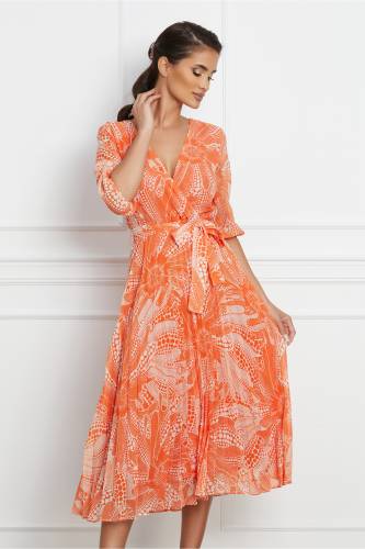Rochie Julia orange cu imprimu alb si fusta plisata
