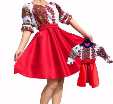 Set rochii mama-fica cu motive traditionale Zina rosu