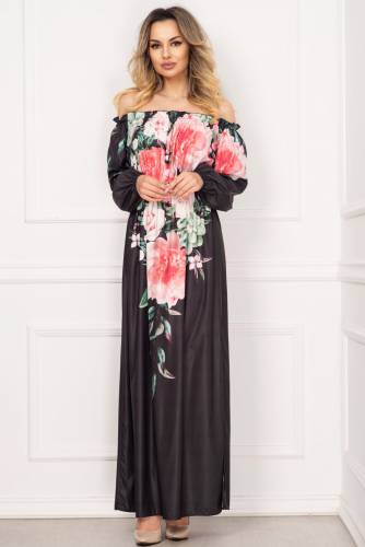 Rochie eleganta lunga neagra din voal satinat cu imprimeu floral