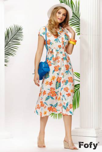Rochie de vara vaporoasa Fofy stil camasa cu imprimeu floral tropical