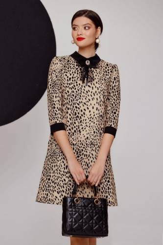 Rochie office Fofy croi in A cu imprimeu leopard si guler negru