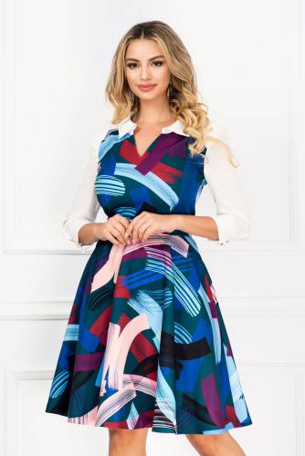Rochie de zi in clos cu print multicolor si maneci din voal